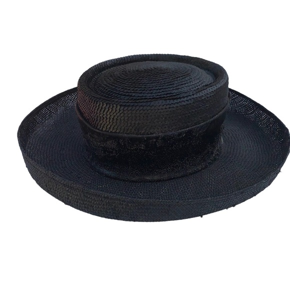 Vintage Whittall & Shon Black Straw Button Detail Made in USA Hat - Picture 2 of 12